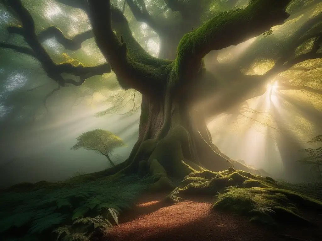 Bosque místico iluminado, árboles antiguos, aura de inmortalidad en héroes y villanos