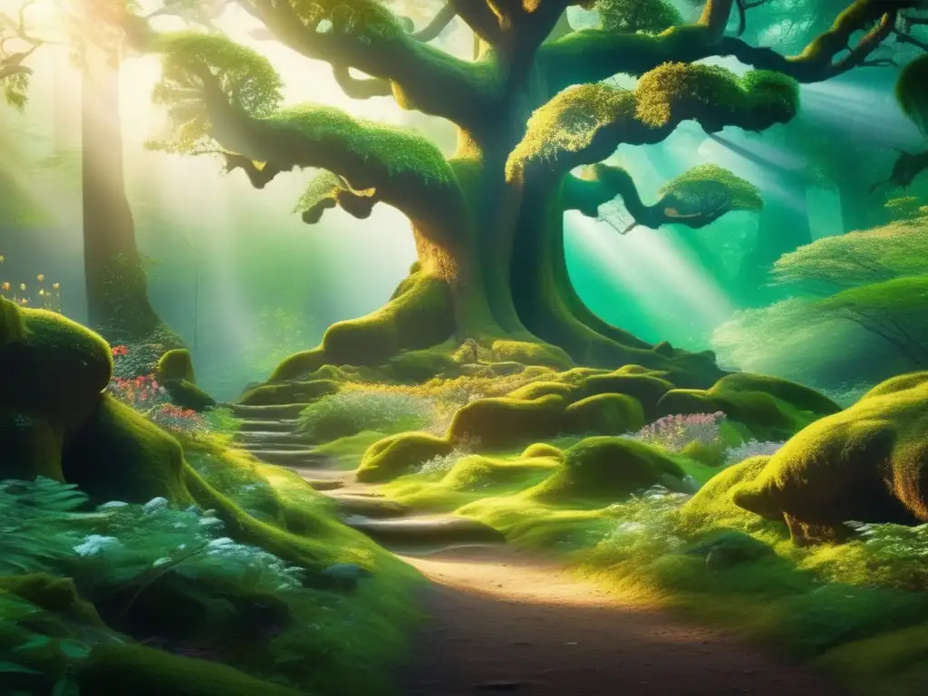 Seres míticos en videojuegos: Escena mágica de un bosque encantado con árboles ancianos, luz etérea y criatura majestuosa