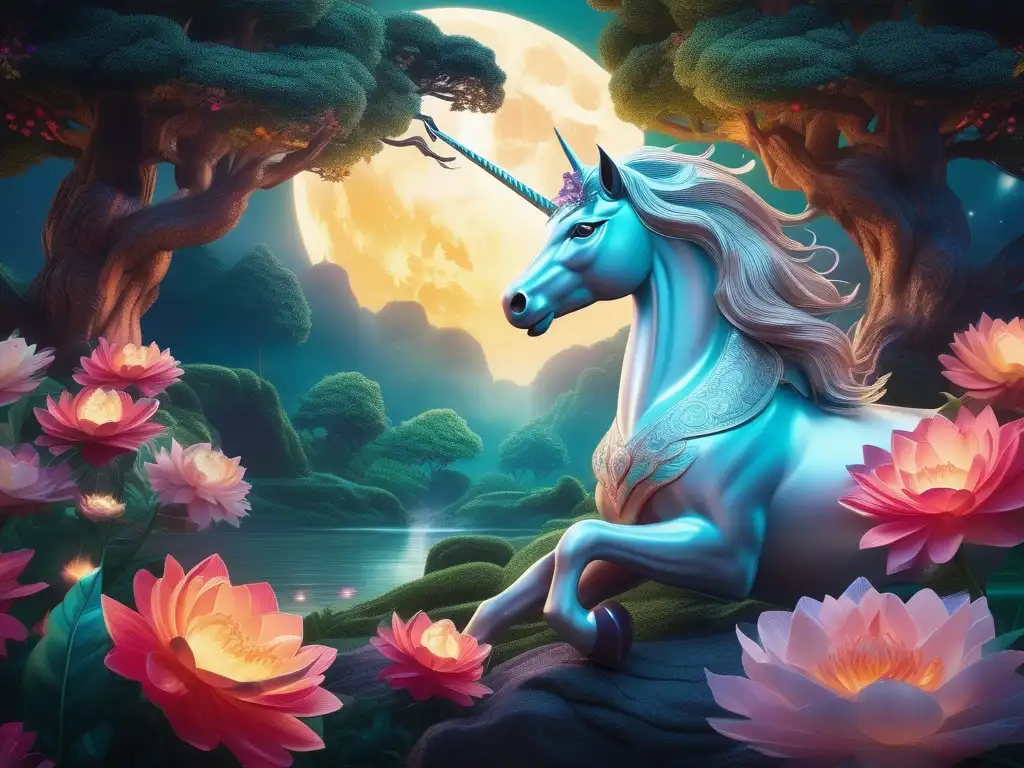 Qilin, el unicornio oriental en bosque místico y mágico