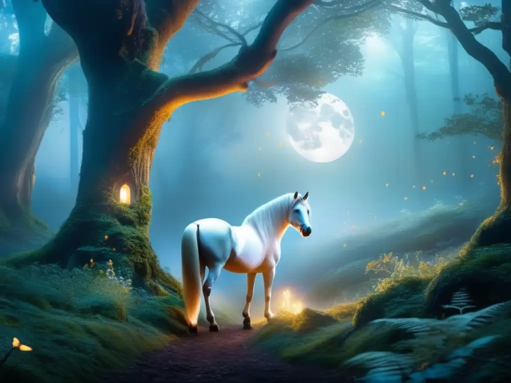 Simbolismo criaturas mágicas Harry Potter en místico bosque de luna llena, con unicornios, una fénix y cascada cristalina