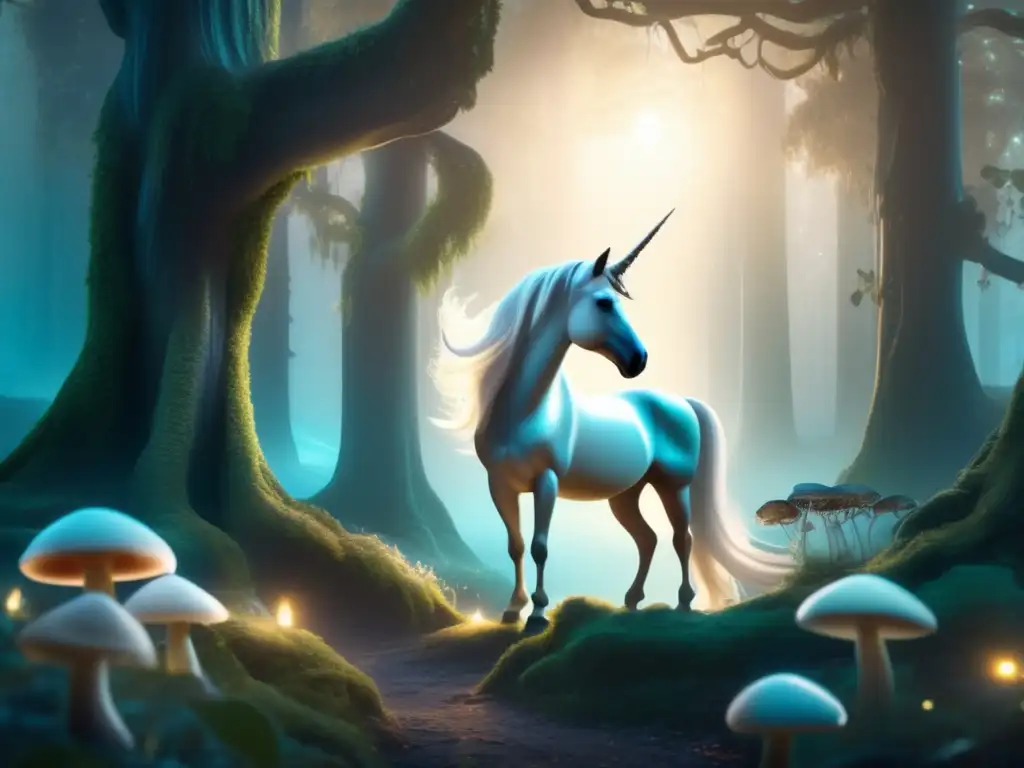 Unicornio mágico en bosque místico con criaturas míticas literatura juvenil