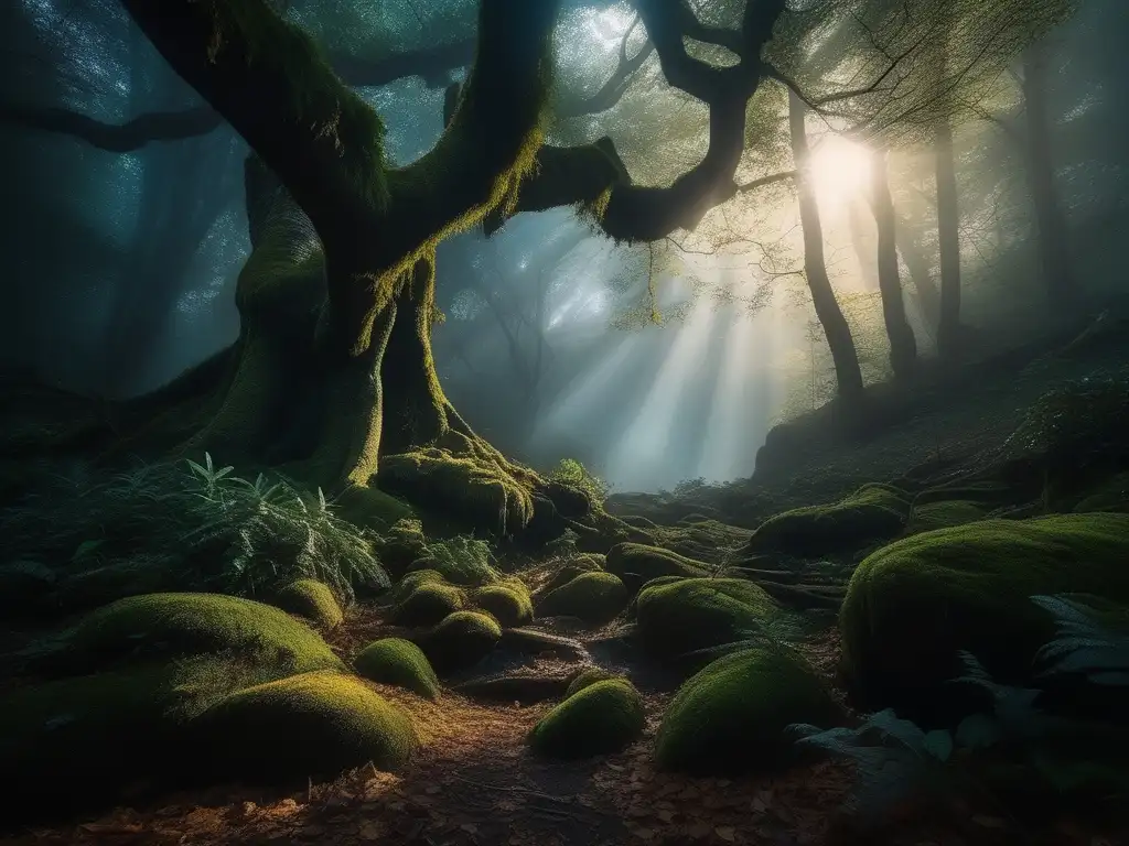 Influencia del Tengu en Japón: Bosque místico, árboles ancestrales entrelazados, rayos de luna, niebla y un majestuoso Tengu