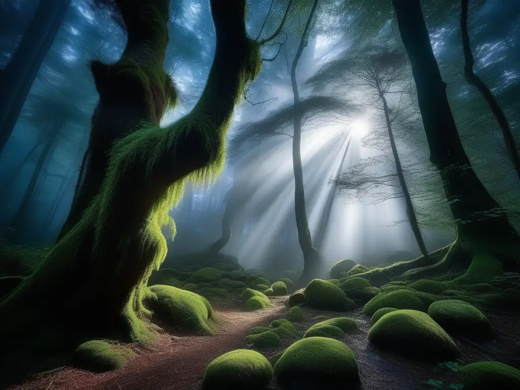 Bosque místico iluminado por luna, criaturas legendarias en reproducción misteriosa