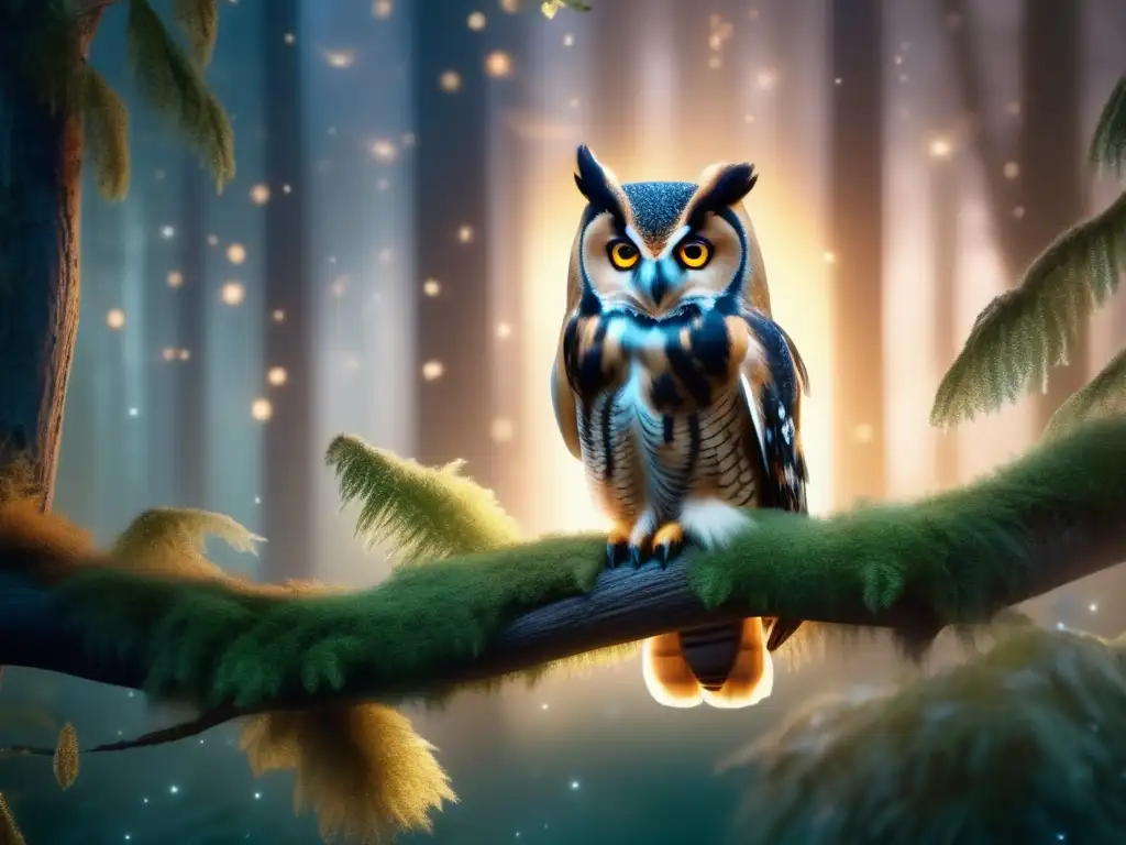 Bosque místico con búho majestuoso (50 caracteres) Tatuajes de Búhos: Imagen cautivadora de un bosque místico al atardecer, con un búho majestuoso en una rama cubierta de musgo