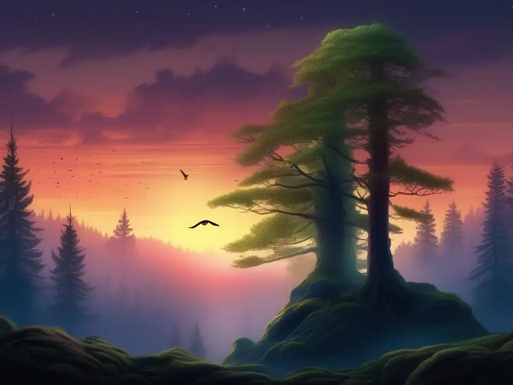 Bosque místico al atardecer con búho majestuoso Tatuaje de búho: simbolismo y misterio en un bosque místico a la luz del atardecer