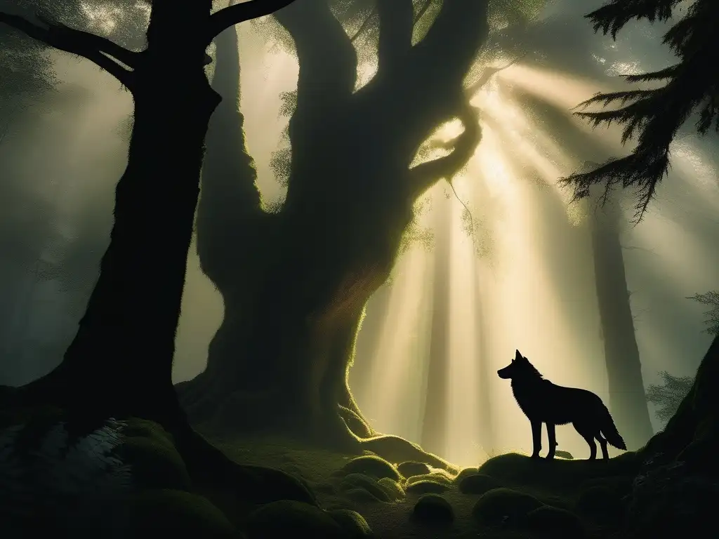 Bosque místico al atardecer con un lobo majestuoso