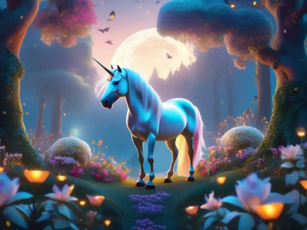 Bosque místico al atardecer con unicornio: Importancia criaturas mitológicas escritores modernos