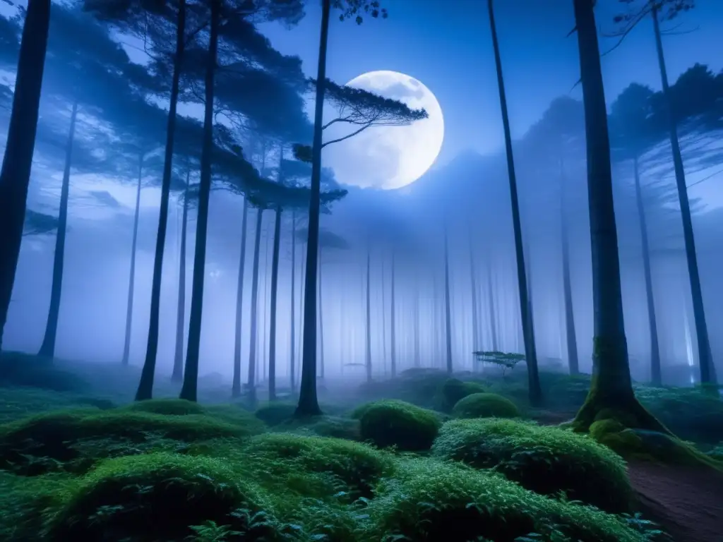 Significado y origen del Yōkai Furari en la mitología japonesa: un bosque nocturno misterioso con árboles altos y delgados, iluminado por la luna