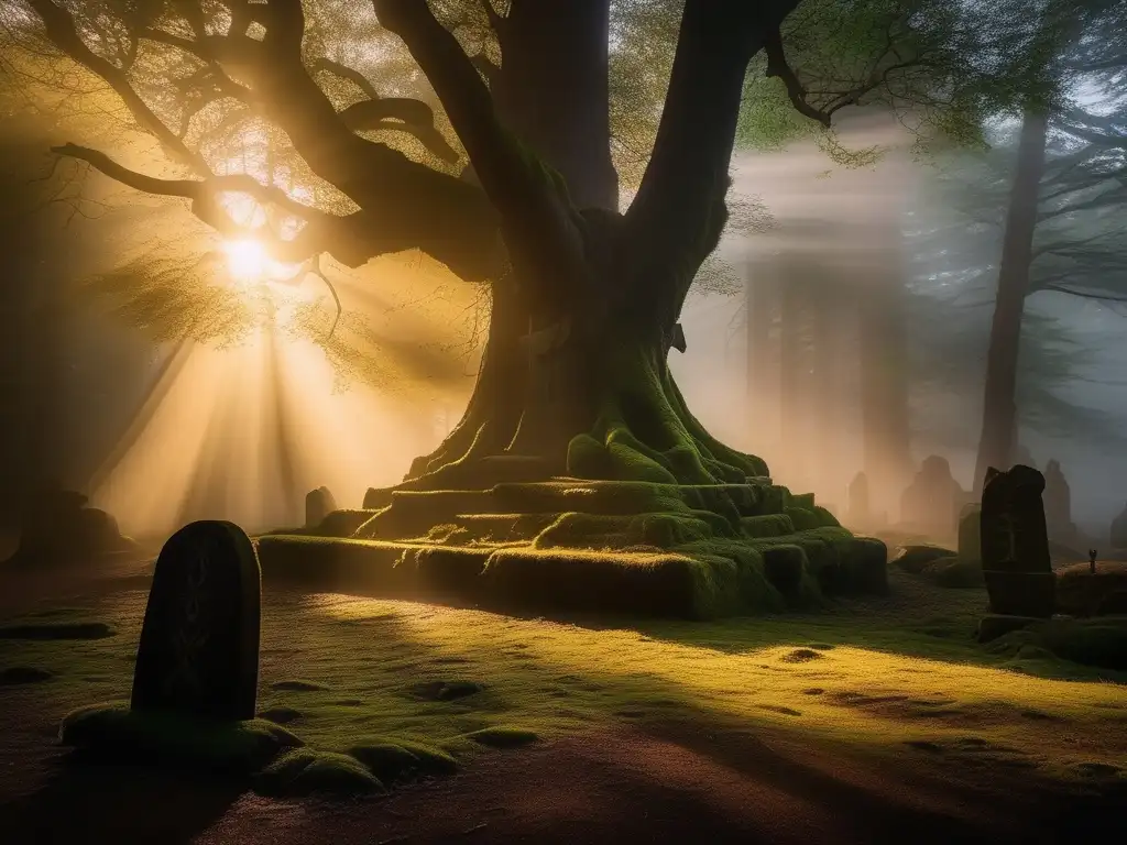 Bosque encantado con altar místico y Sol Negro Un bosque misterioso al amanecer, con una altar de piedra y símbolos nórdicos