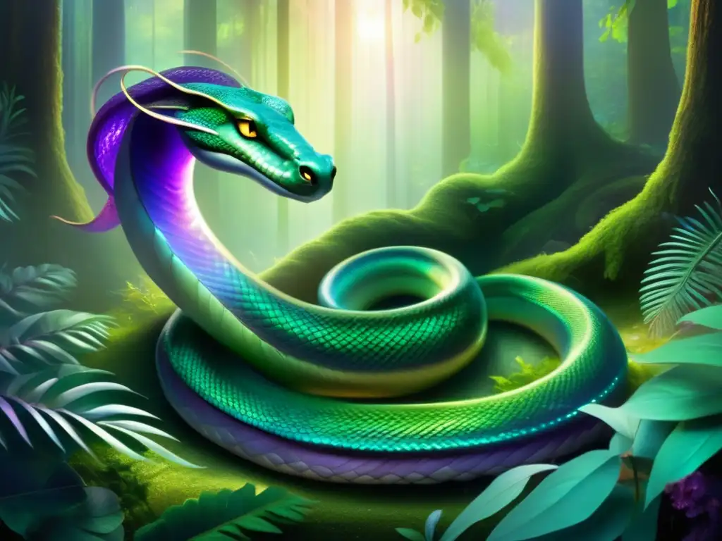 Escena mística: Serpiente mitológica iridiscente, bosque encantado, flores vibrantes