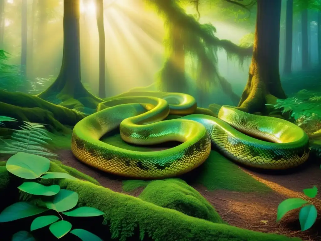 Serpiente mitológica en bosque místico: renovación y poder (110 caracteres)