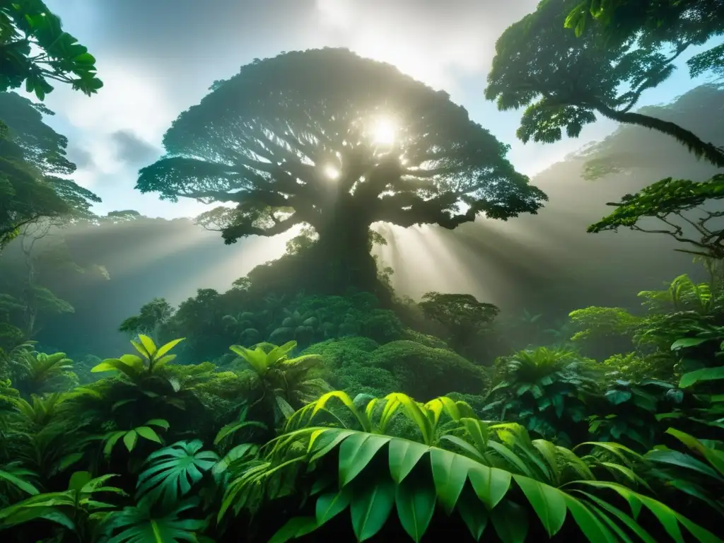 Criaturas míticas de Micronesia en un exuberante bosque tropical, envuelto en niebla mística