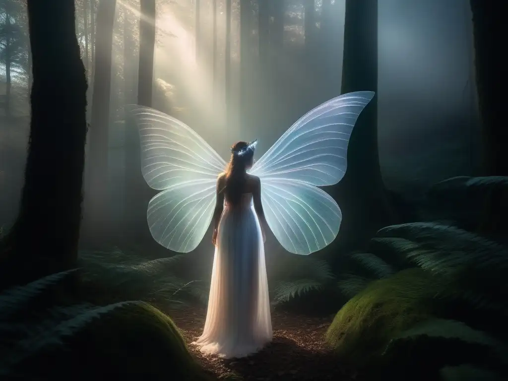 Duende mítico emerge en bosque neblinoso, con alas iridiscentes y ojos brillantes