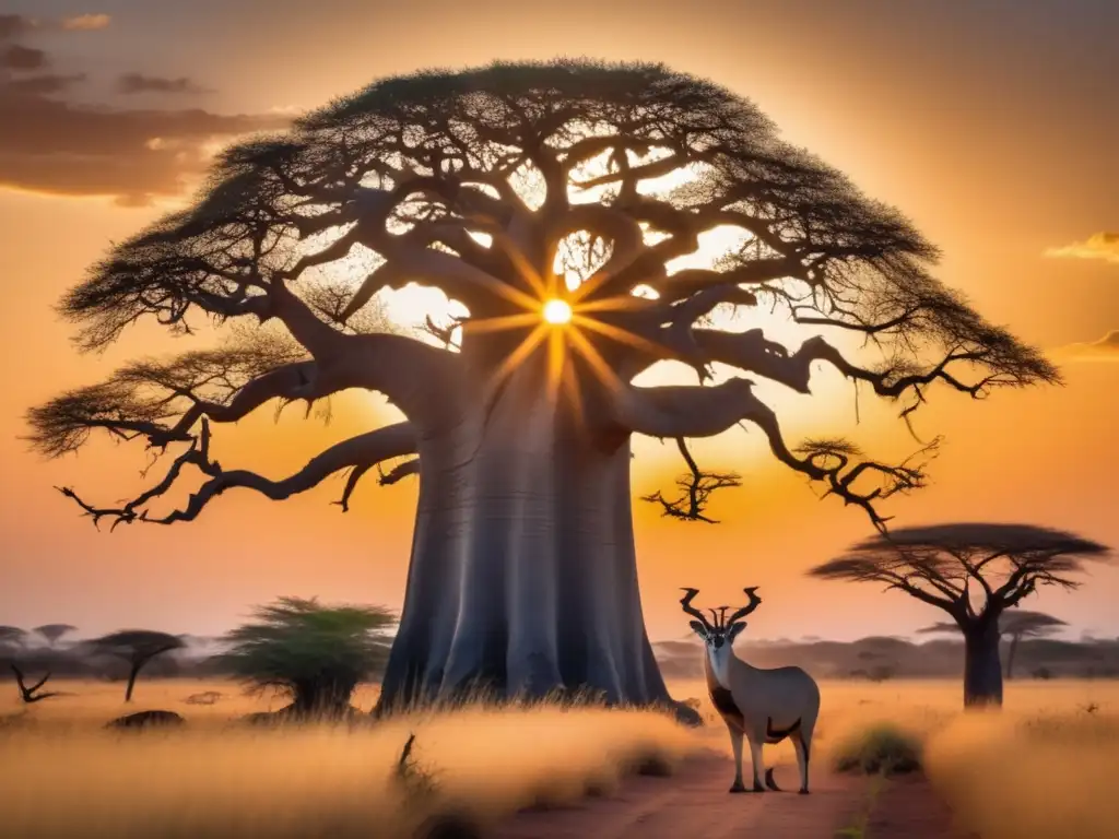 Paisaje místico africano con baobab, ave sagrada y dios de los sueños