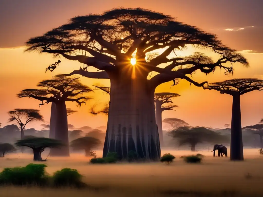 Espíritus de la Naturaleza en África: mágico paisaje africano al atardecer con baobabs ancestrales, fireflies y formas luminosas