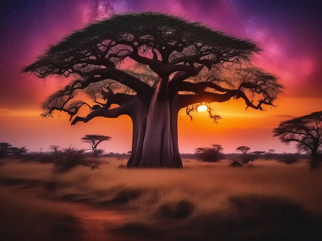 Paisaje místico africano al atardecer con árbol baobab y culto al dios escarabajo