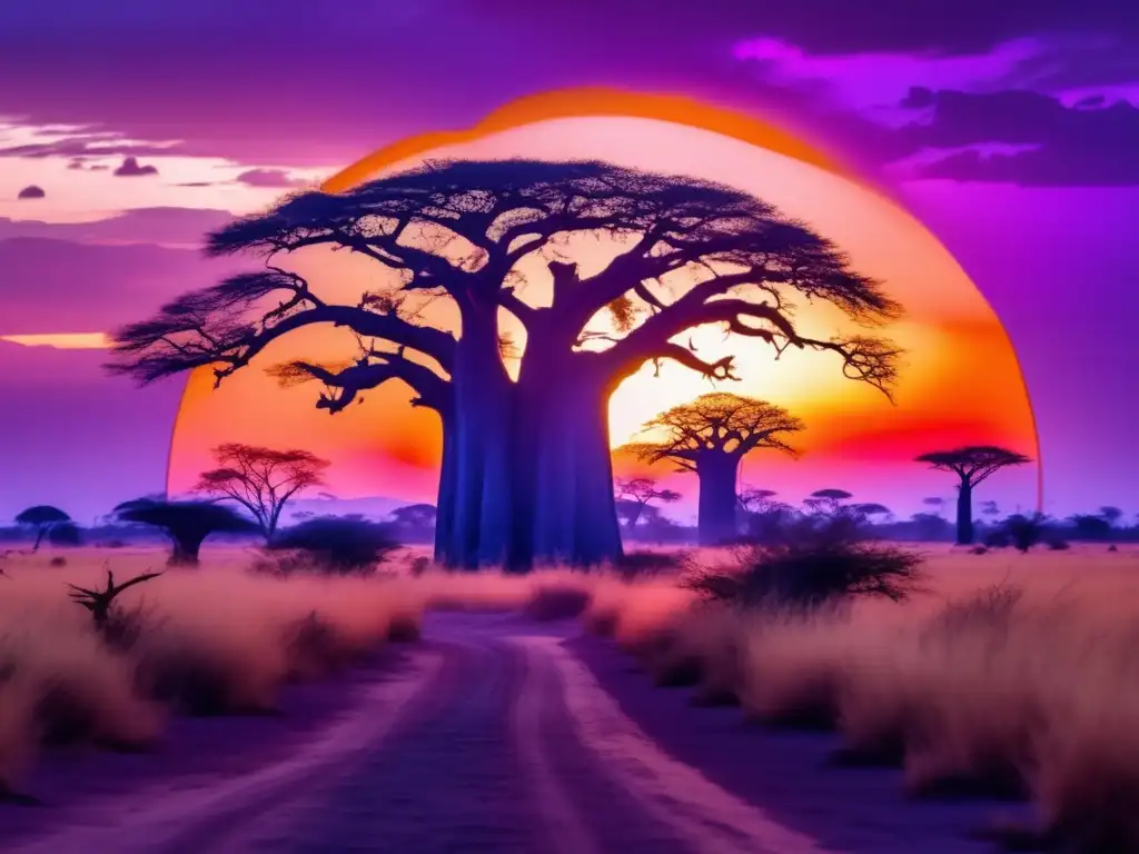 Paisaje africano al atardecer con baobabs, Guardianes de Fuego y leyendas de la cultura africana