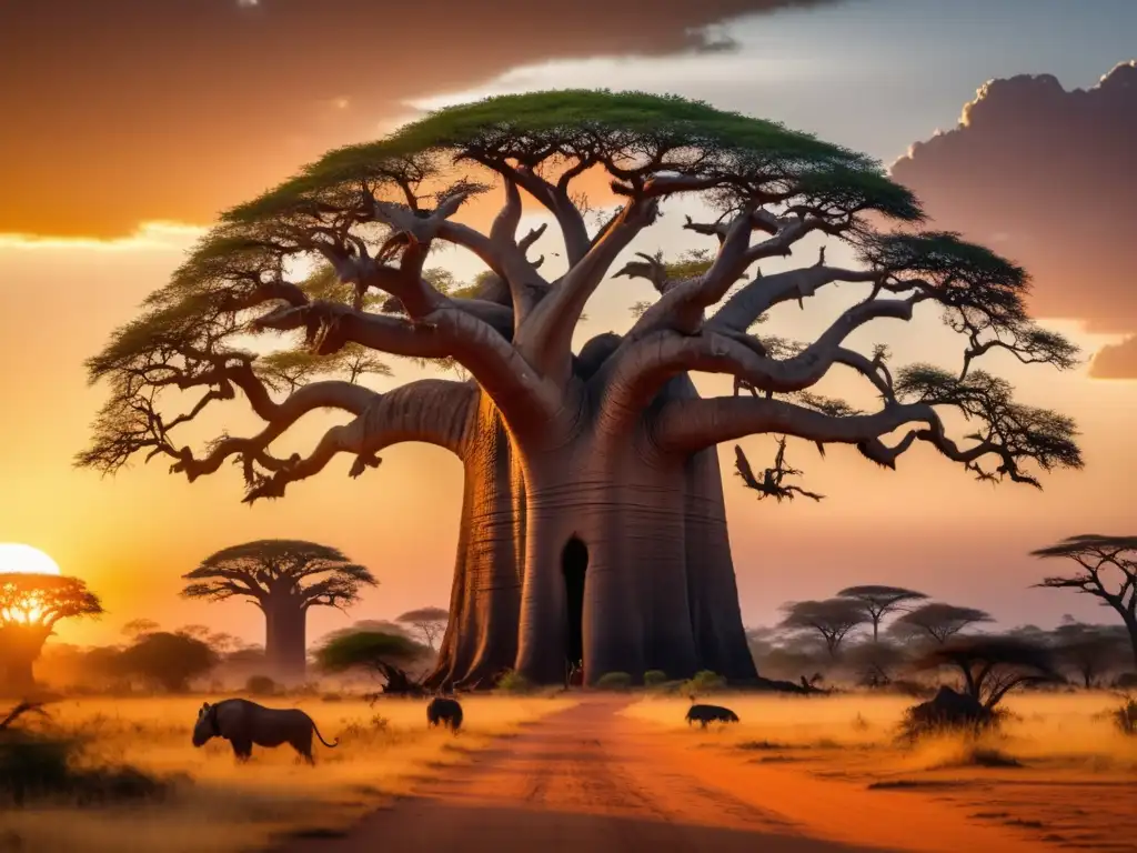 Divinidad temida en mitología africana: paisaje africano místico al atardecer con árbol Baobab y tribus realizando rituales