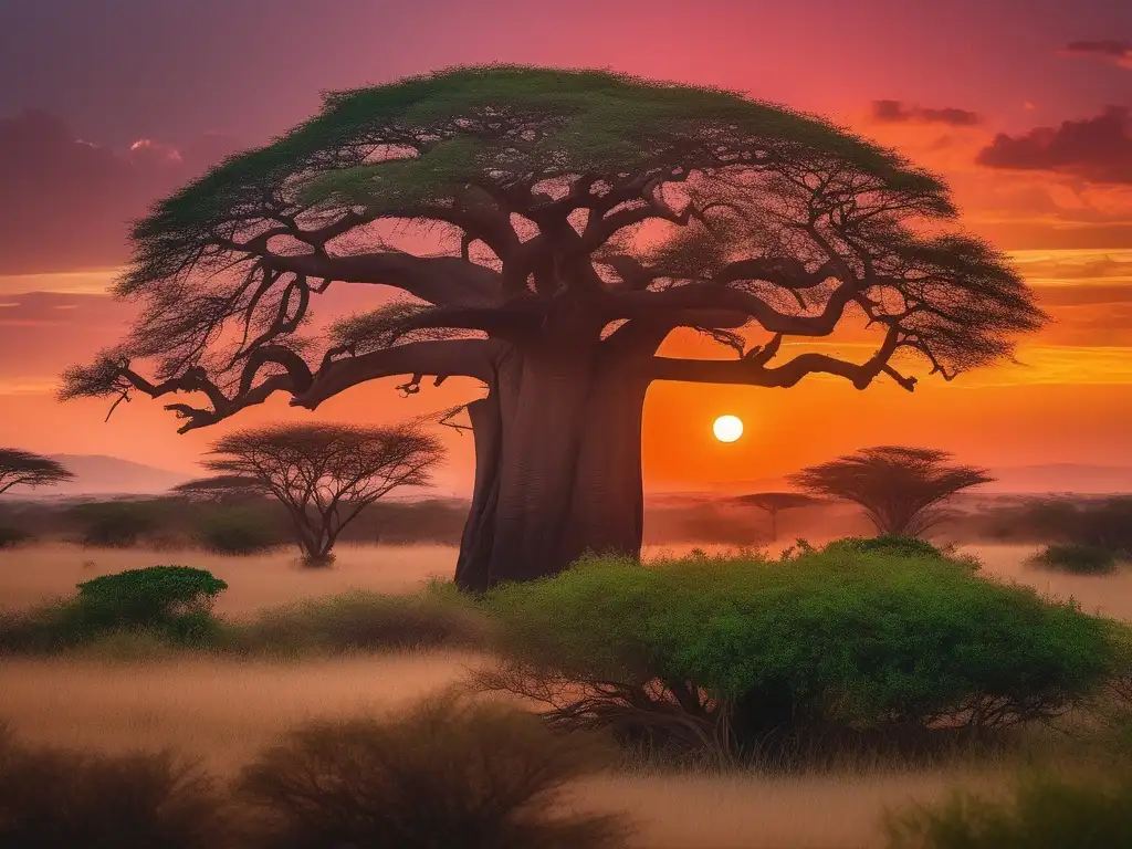 Paisaje africano al atardecer con árbol majestuoso y leyendas de reyes muertos