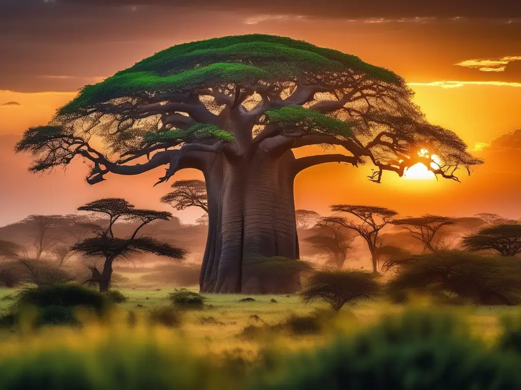 Espíritus de la Naturaleza Africanos: Paisaje místico con Baobab, criaturas mitológicas y atmósfera encantadora