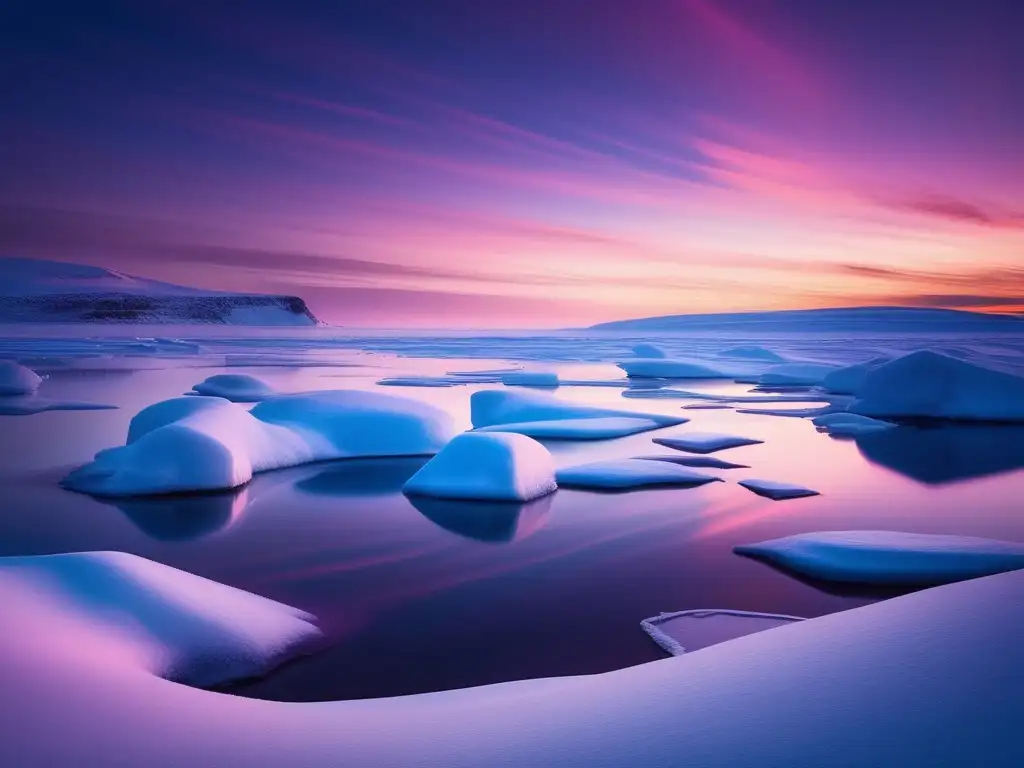 Un paisaje ártico místico con montañas nevadas, lago helado y criaturas míticas inuit