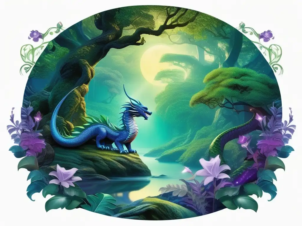 Paisaje místico de dragones y princesas en un bosque asiático encantado