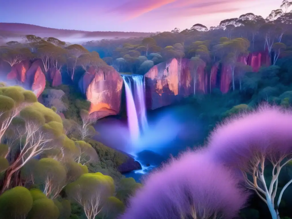 Influencia Dioses Espíritus Australianos Cultura: Paisaje místico con cascada, bosque de eucaliptos y figuras etéreas