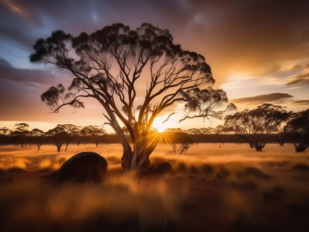 Paisaje místico en el outback australiano con árbol antiguo, agua y nubes etéreas - Mitología Australiana en Literatura y Cine