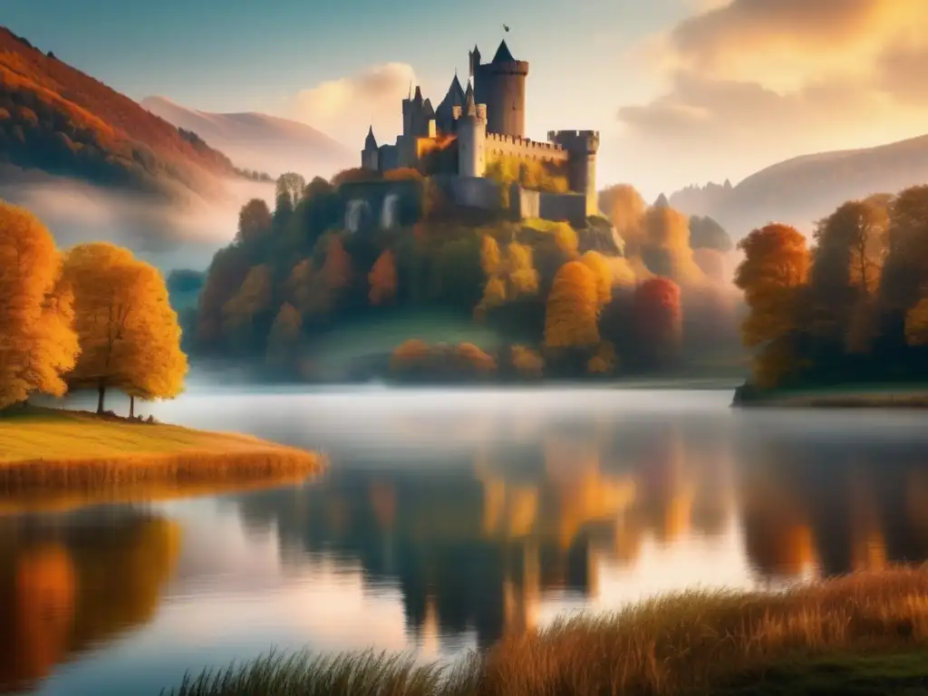 Castillo medieval y paisaje místico, reflejando la historia de los dragones en Europa