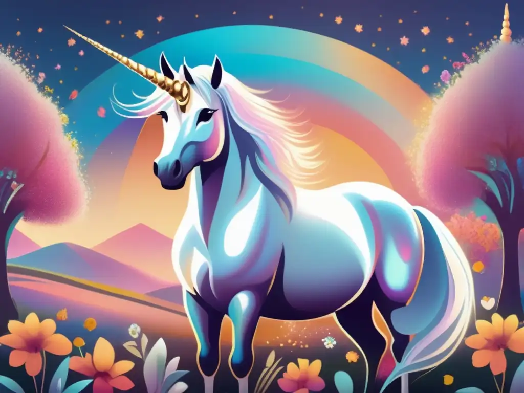 Unicornio en paisaje místico, símbolo de la cultura pop y significado de tatuajes