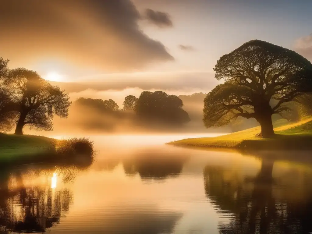 Descubriendo la verdad de Avalon: Un paisaje etéreo y místico bañado en luz dorada, con un lago tranquilo y un círculo de piedras sagrado