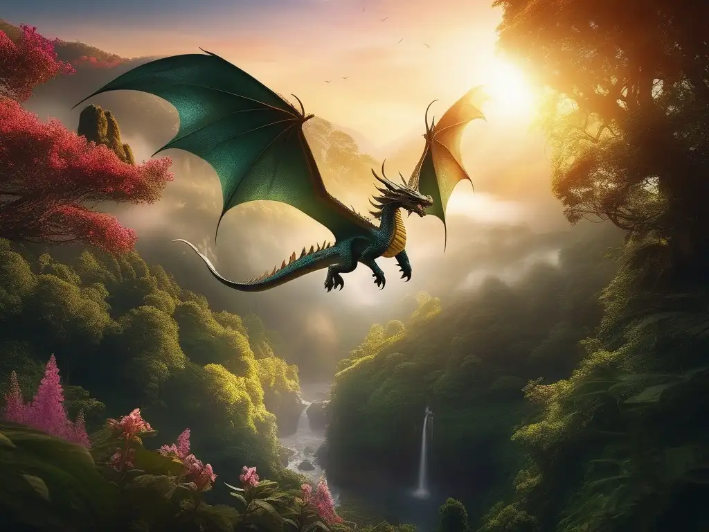 Paisaje místico con un majestuoso dragón en vuelo - Alimentación real de dragones