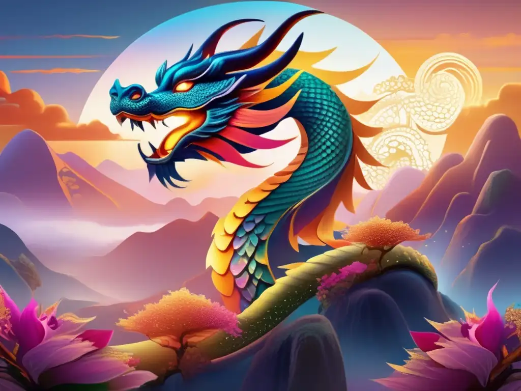 Paisaje místico inspirado en mitología asiática: dragones y perlas