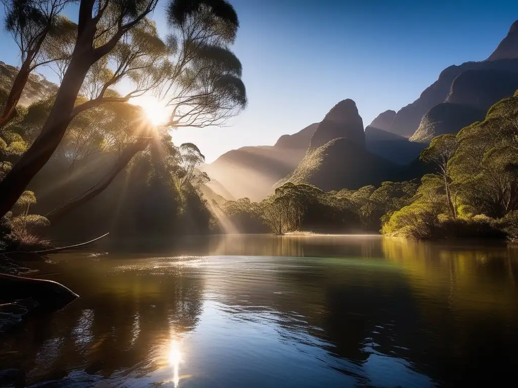 Paisaje místico con río y montañas australianas: Espíritus de los ríos y montañas australianas