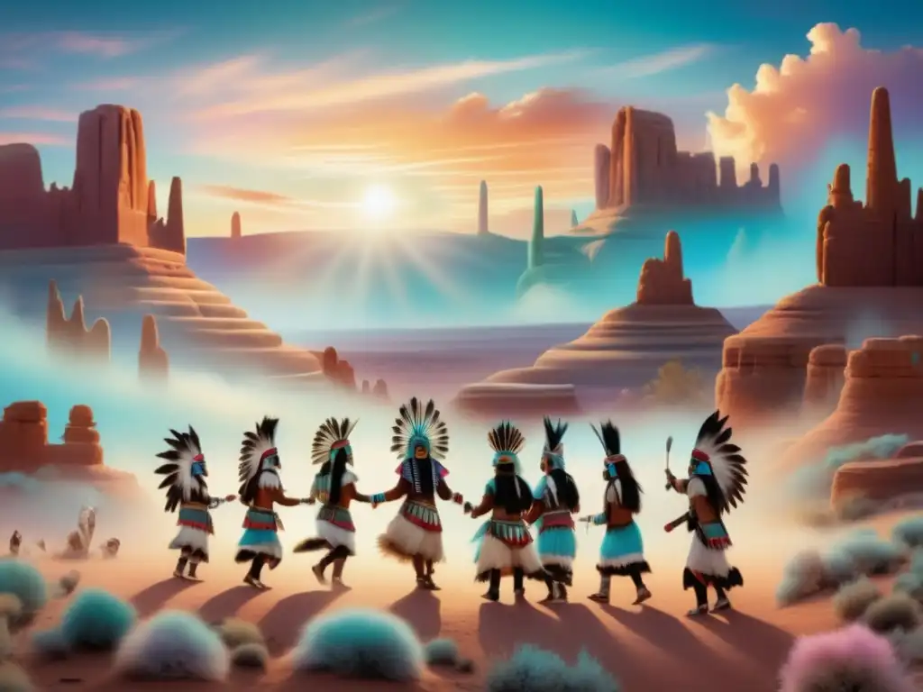 Paisaje místico de criaturas míticas de la tribu Hopi en su danza sagrada (110 caracteres)