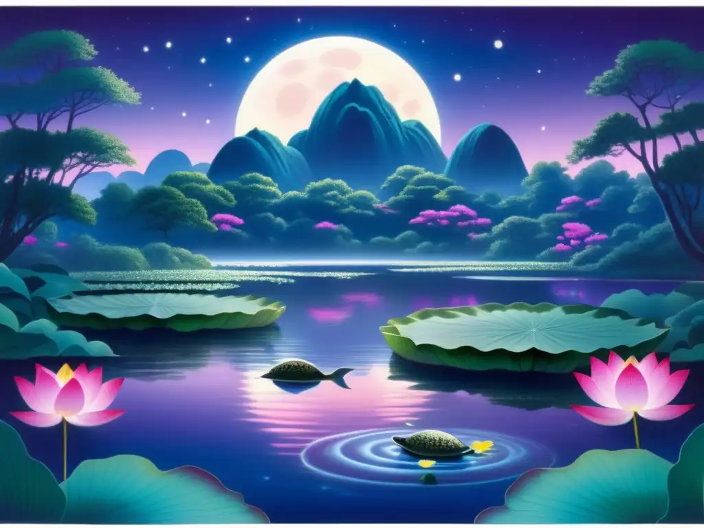 Paisaje sereno con río, flores lotus, y un Kappa mítico, criatura japonesa (110 caracteres)