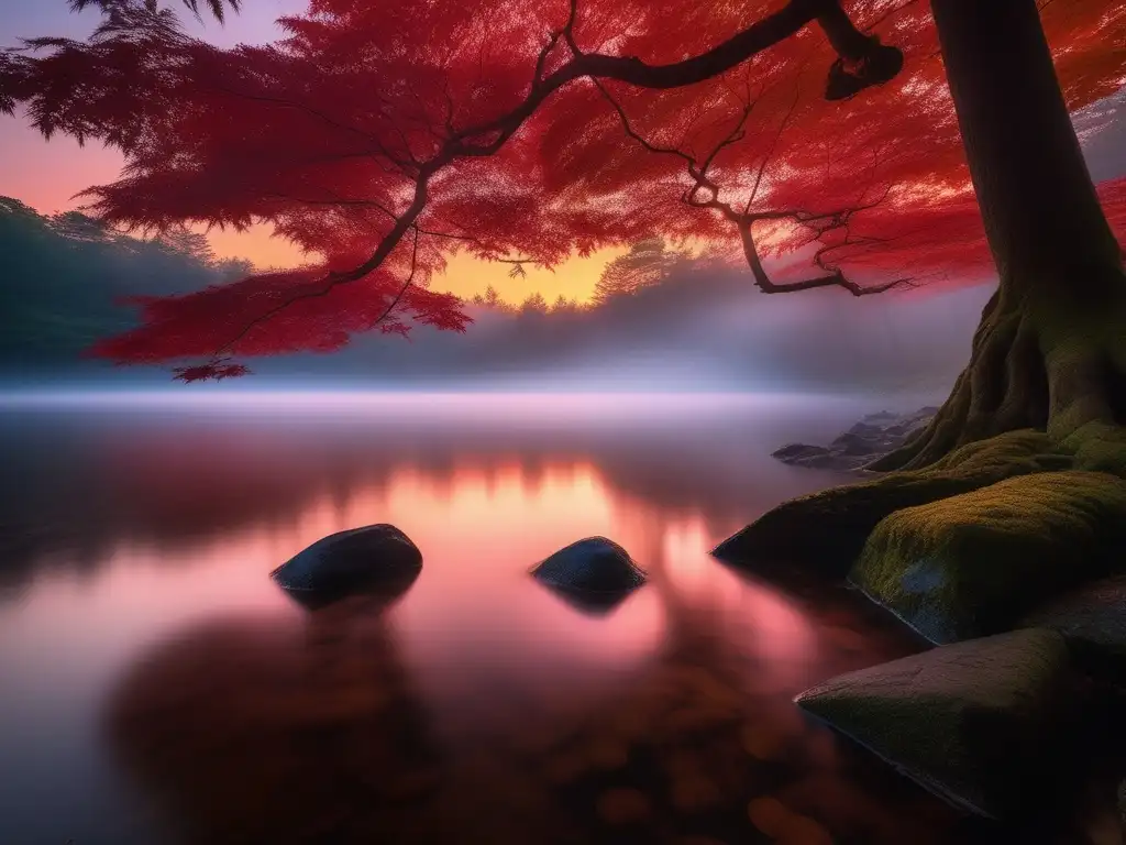 Paisaje místico: bosque, lago y montañas Influencia de criaturas mitológicas japonesas en paisaje etéreo al atardecer