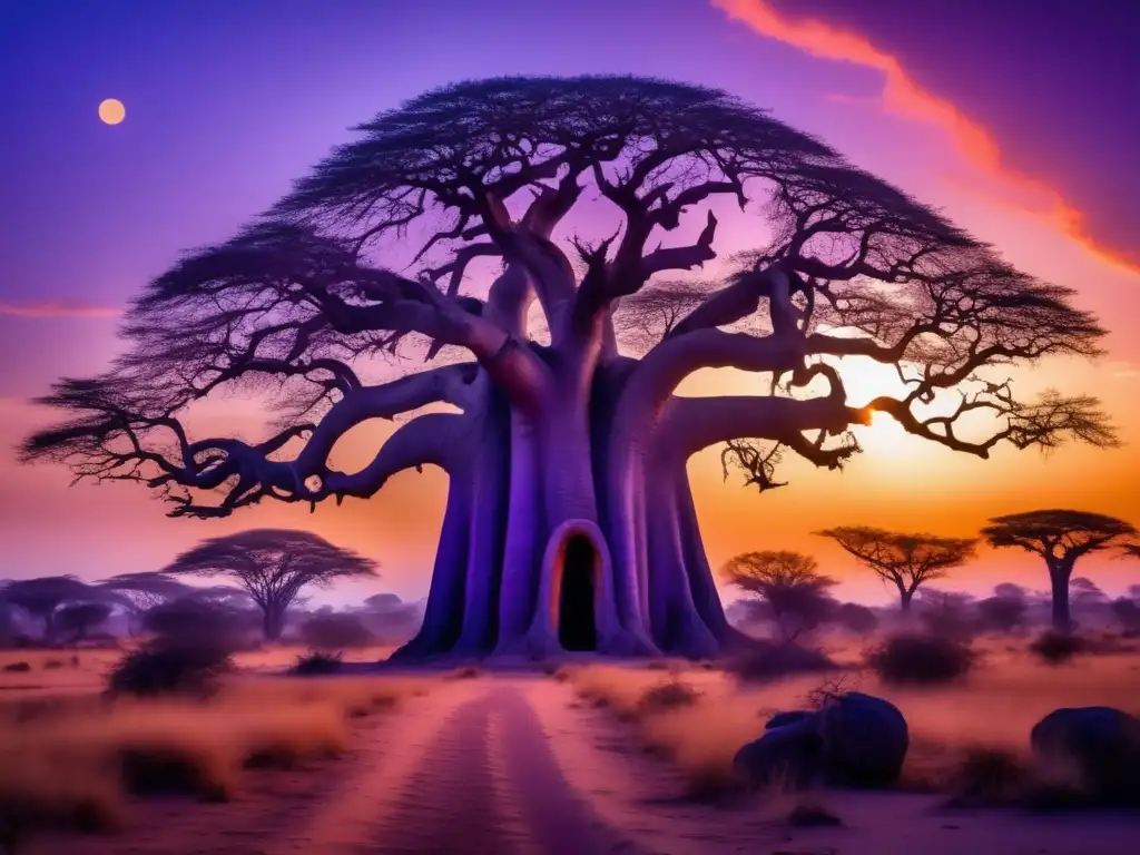 Paisaje místico Yoruba con árbol Baobab y leyendas mitológicas africanas