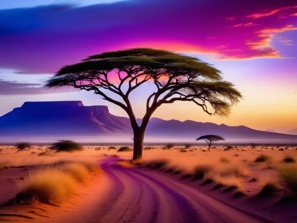 Mitos y leyendas de djinn y demonios en África: Desierto africano al atardecer con acacia solitaria y figuras místicas emergiendo del mistral