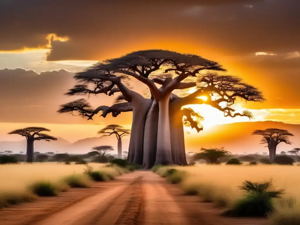 Espíritus naturaleza más allá africano - Paisaje místico con baobabs, cascada y figuras etéreas