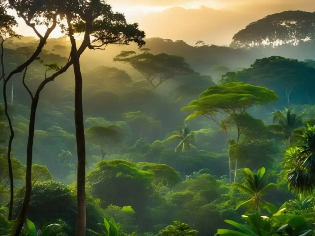 Misteriosos Espíritus de la Selva: leyendas americanas, luz dorada, exuberante vegetación, atmósfera mística