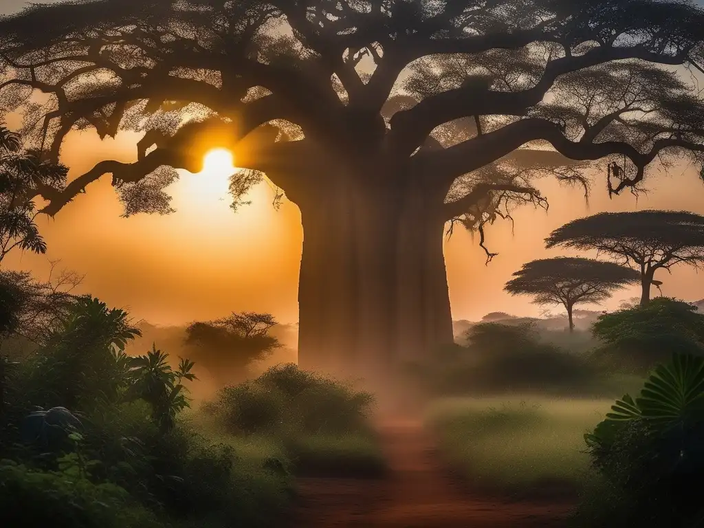 Espíritus naturaleza guardianes silenciosos mitología Africana en jungla africana al atardecer con árboles antiguos y baobab majestuoso