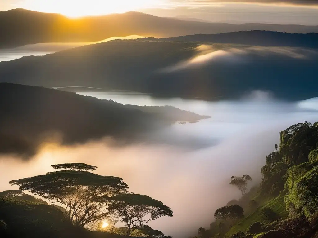 Criaturas mitológicas en Laguna Guatavita - Misty morning, golden sunlight, serene lake, mystical mountain range, iridescent creature, ancient legends