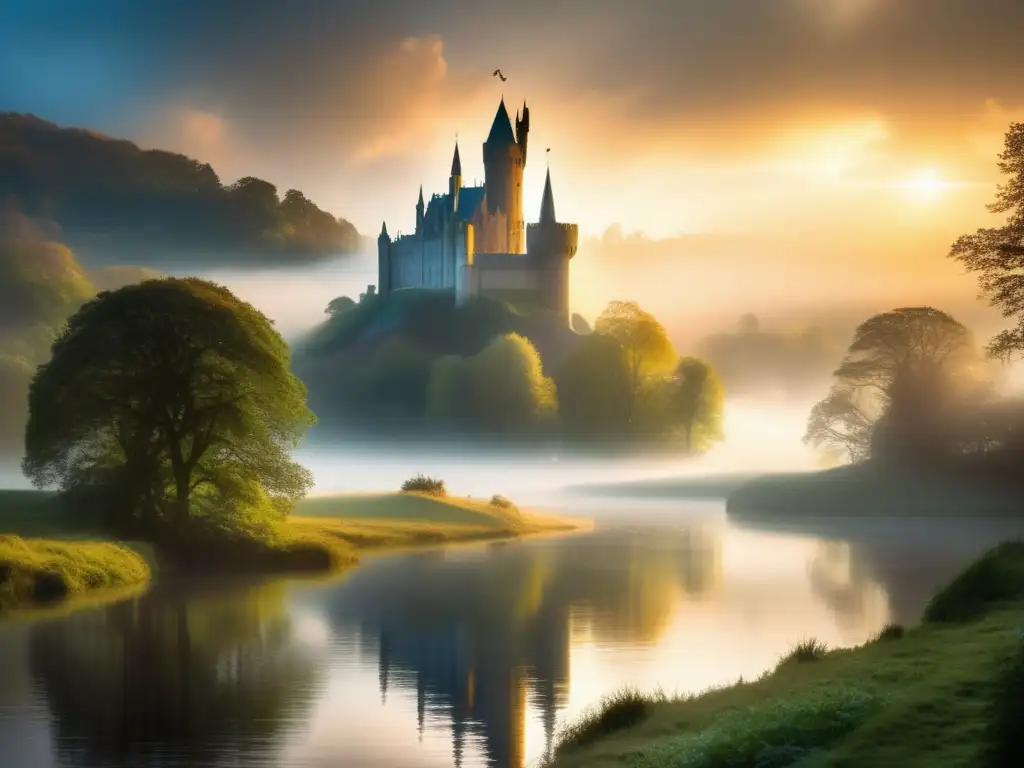 Escena mística en Camelot: Castillo majestuoso, lago brillante y caballero en puente de piedra