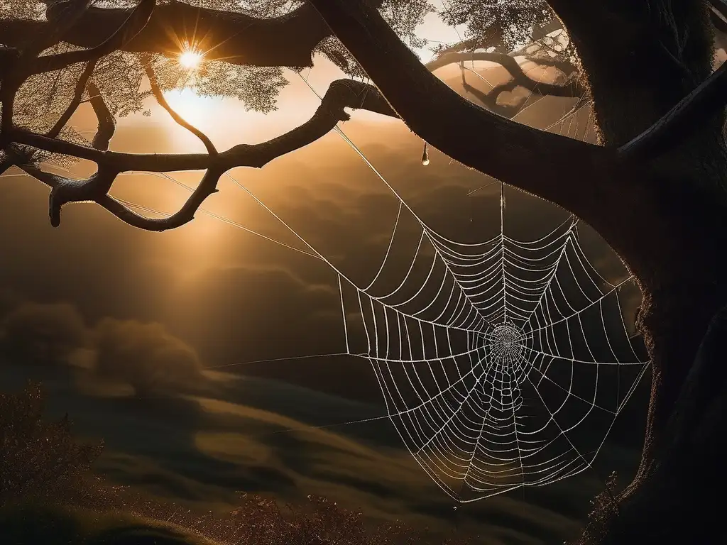 Reino mítico: criaturas y leyendas Origen mitológico de las arañas y criaturas místicas en un entorno etéreo