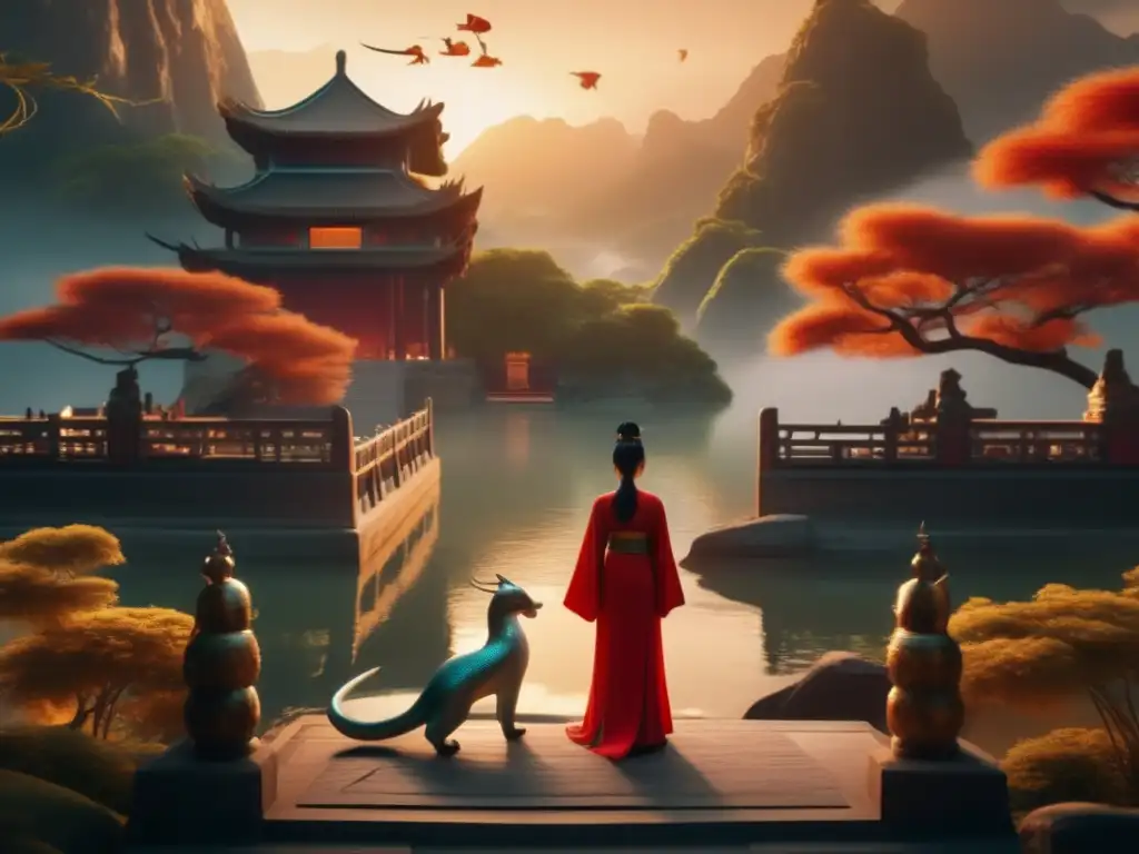 Historias de amor mitología China: Nüwa y Fuxi en un escenario celestial con un dragón