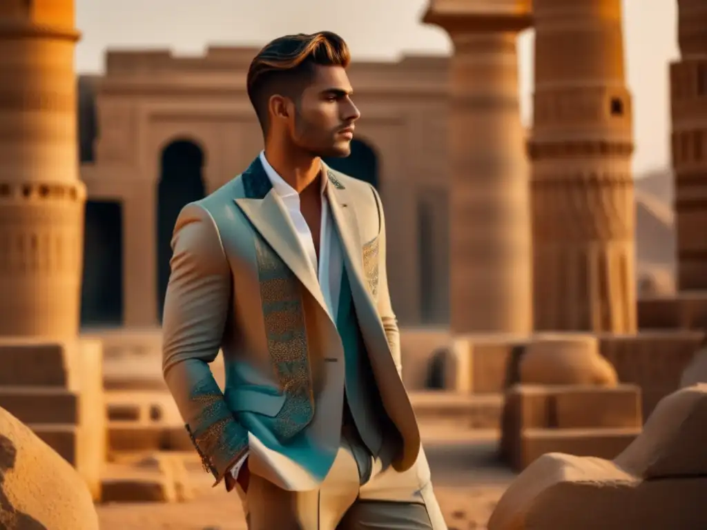 Influencia de Gilgamesh en moda masculina: modelo de moda masculina frente a ruinas mesopotámicas