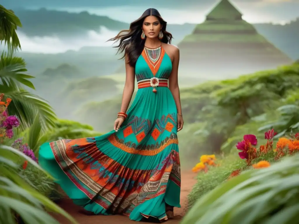 Influencia de deidades aztecas en moda étnica: modelo con vestido etéreo, estampados aztecas y paisaje místico