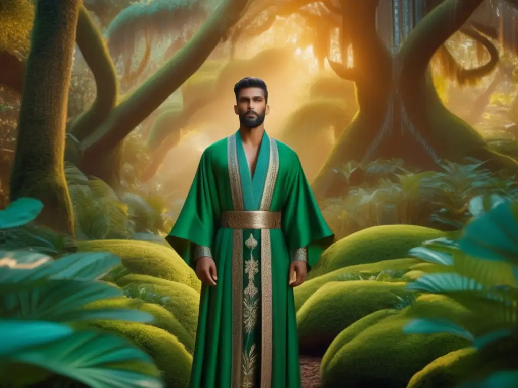 Influencia de Gilgamesh en moda masculina: modelo en bosque encantado con atuendo regio y accesorios mágicos