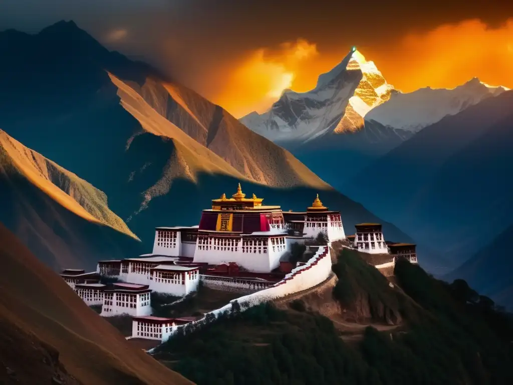 Creencias sobre el más allá en el budismo tibetano: Monasterio majestuoso en el Himalaya, valle tranquilo, paisaje místico y armonía espiritual